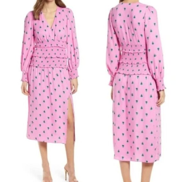 New AFRM Size XS Hazel Floral Smocked Long Sleeve Midi Dress Pink Fleur - Picture 1 of 13